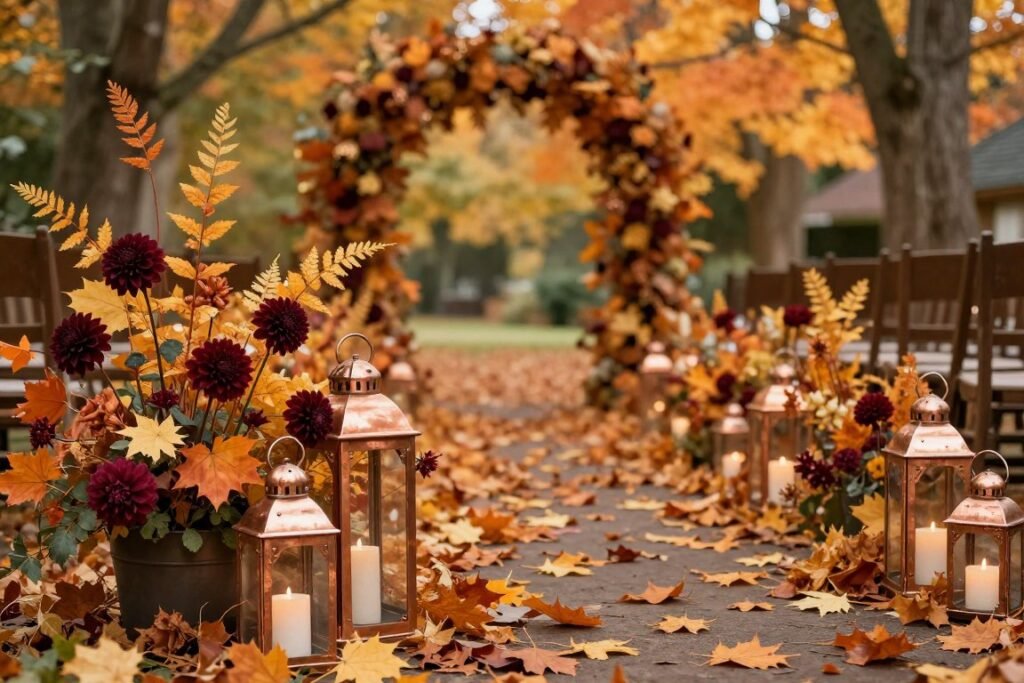 Fall wedding aisle decorated with lanterns, autumn leaves, and burgundy flowers