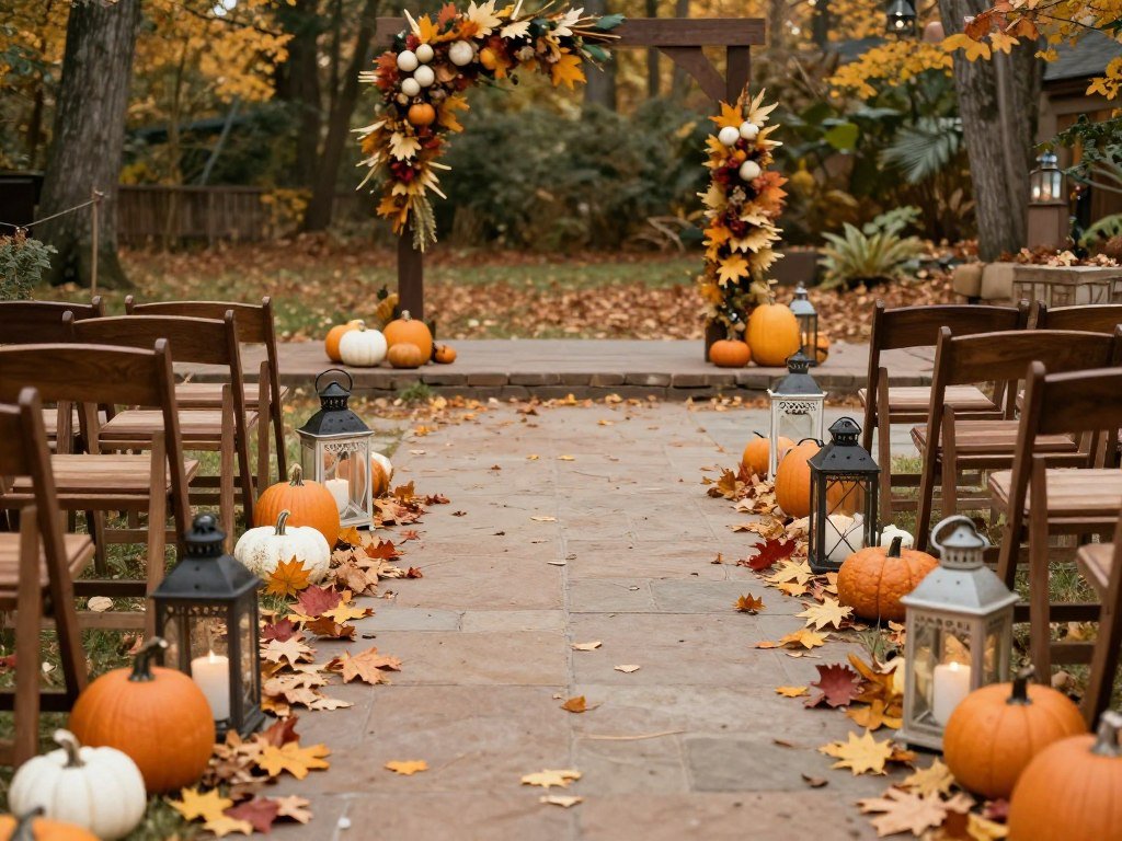 Fall wedding aisle decorated with lanterns, pumpkins, and autumn leaves Fall wedding aisle decorated with lanterns, pumpkins, and autumn leaves