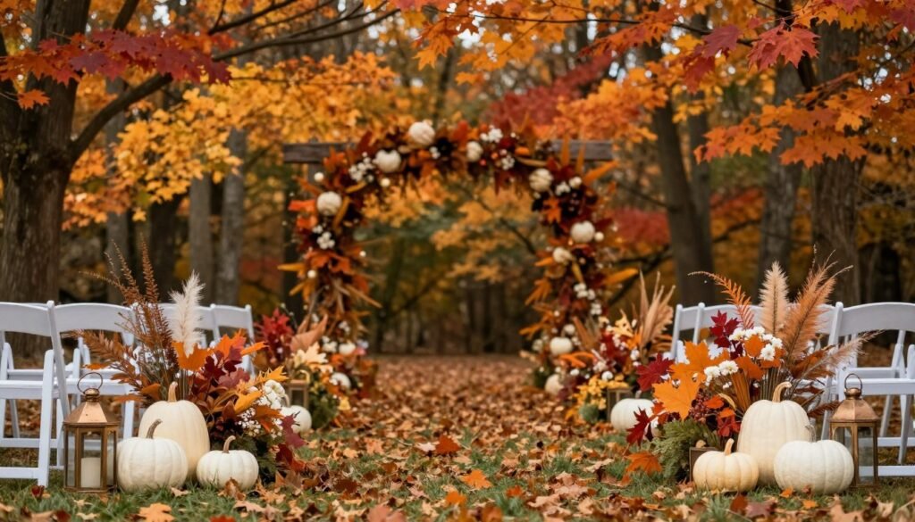Fall wedding aisle decorated with pumpkins, autumn leaves and lanterns