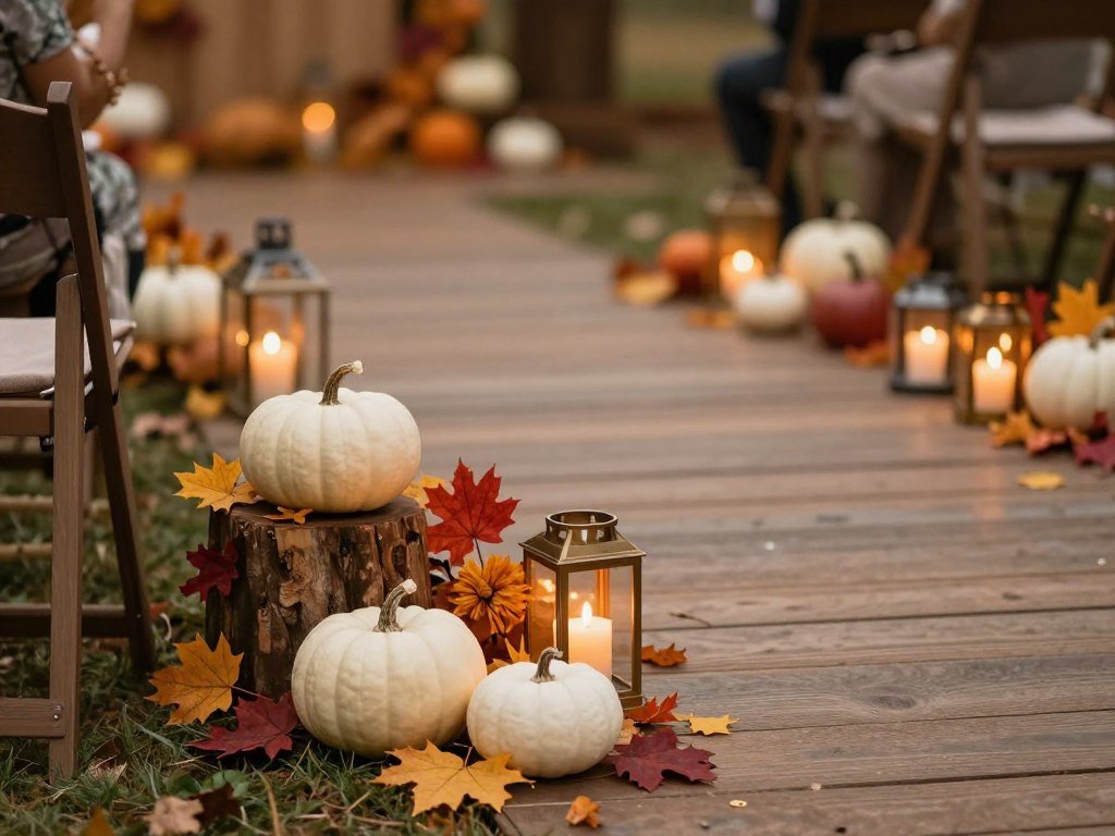 Fall wedding aisle with pumpkins, autumn leaves, and amber-colored candles