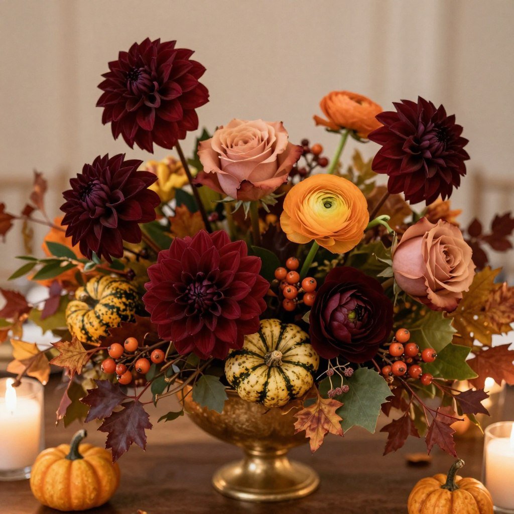 Fall wedding centerpiece with seasonal flowers, foliage, and small pumpkins Fall wedding centerpiece with seasonal flowers, foliage, and small pumpkins