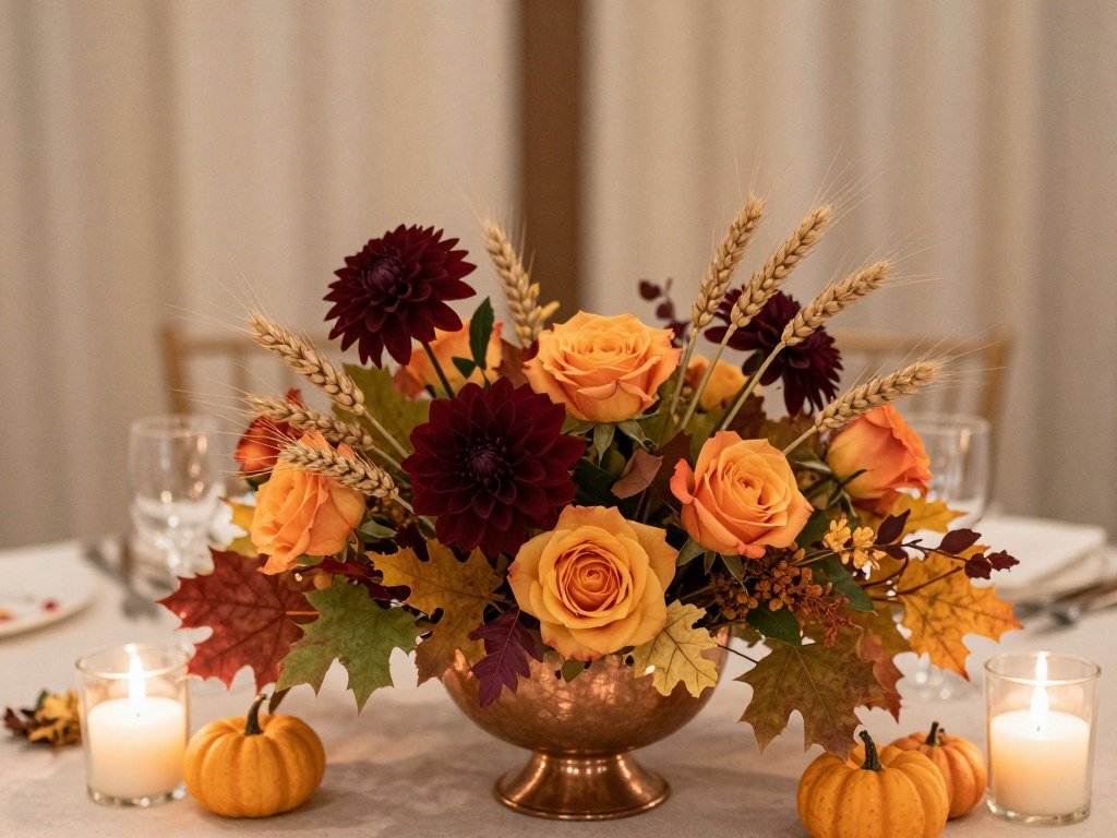Fall wedding centerpiece with wheat and seasonal elements