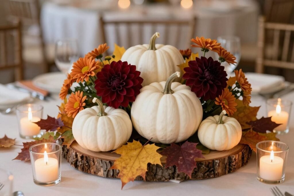 Fall wedding centerpiece with white pumpkins and autumn flowers