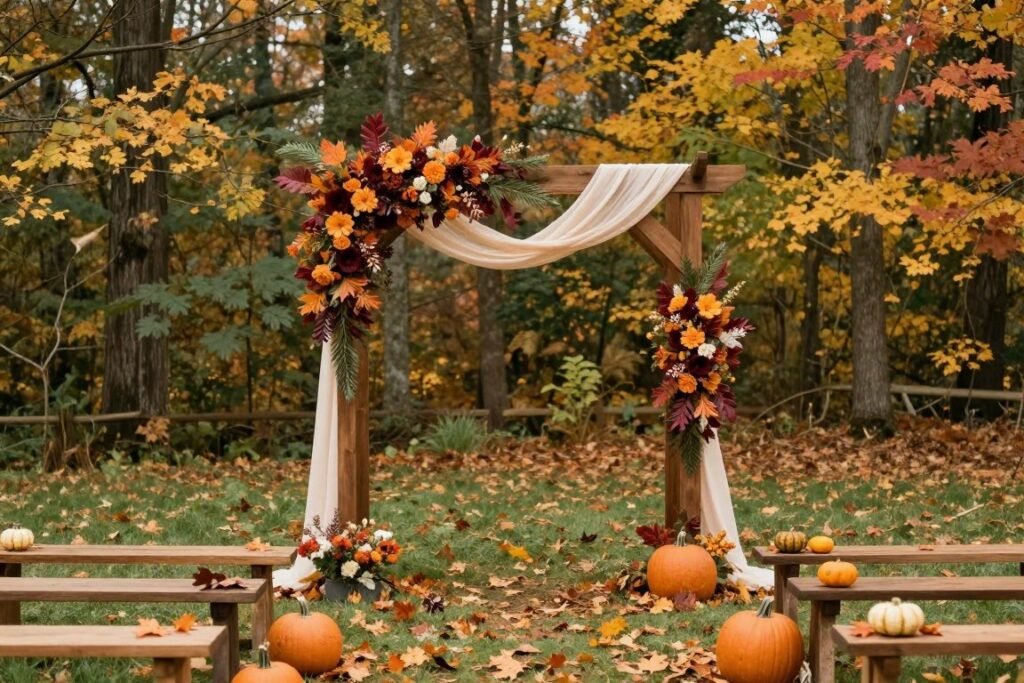 Fall wedding ceremony setup with wooden arch decorated with autumn foliage and flowers Fall wedding ceremony setup with wooden arch decorated with autumn foliage and flowers