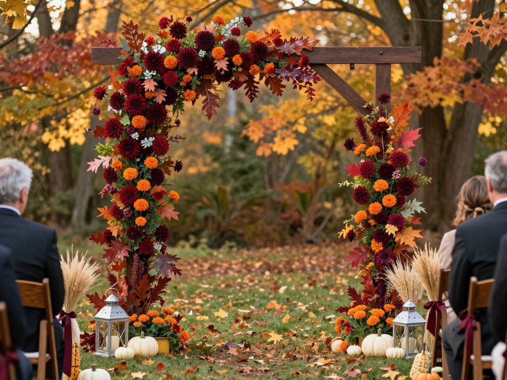 Fall wedding ceremony with rich autumn colors and pumpkin decorations