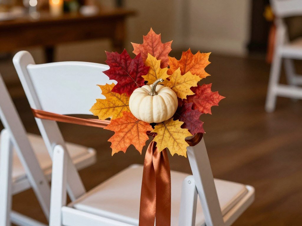 Fall wedding chair with mini pumpkin and autumn leaves