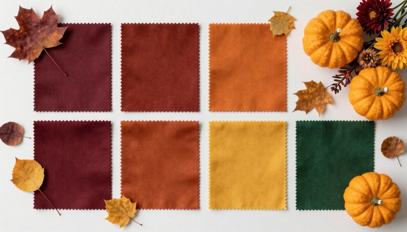 Fall wedding color palette featuring burgundy, rust, and gold tones arranged with fabric swatches and seasonal flowers