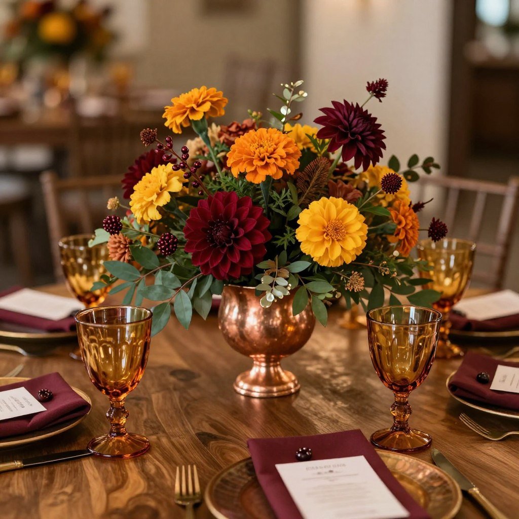 Fall wedding decor with garnet, topaz, and emerald tones Fall wedding decor with garnet, topaz, and emerald tones