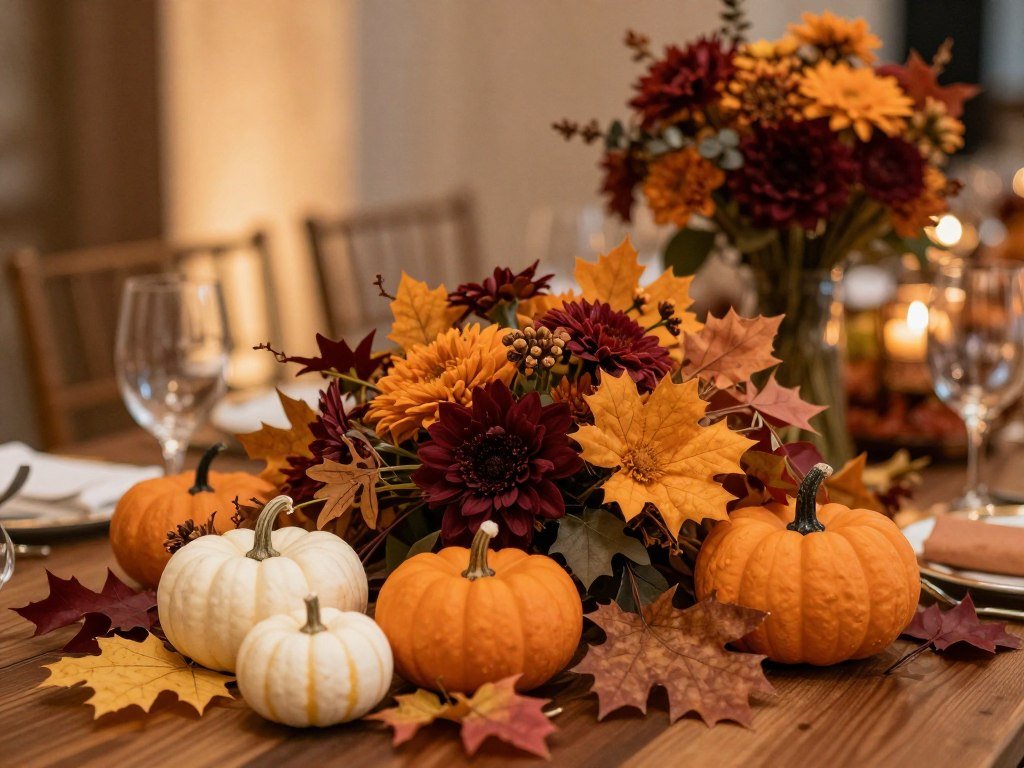 Fall wedding decorations with autumn leaves, pumpkins, and warm-colored flowers