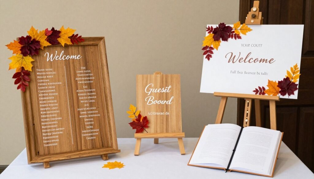Fall wedding reception details including seating chart, welcome sign, and guest book Fall wedding reception details including seating chart, welcome sign, and guest book