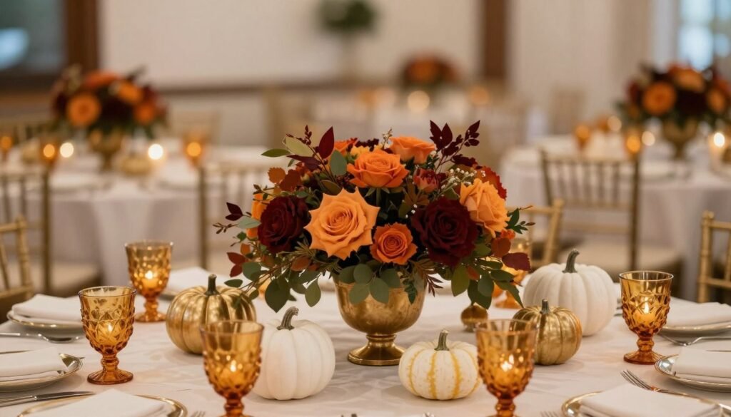 Fall wedding reception with burgundy and orange floral arrangements, pumpkins, and candles