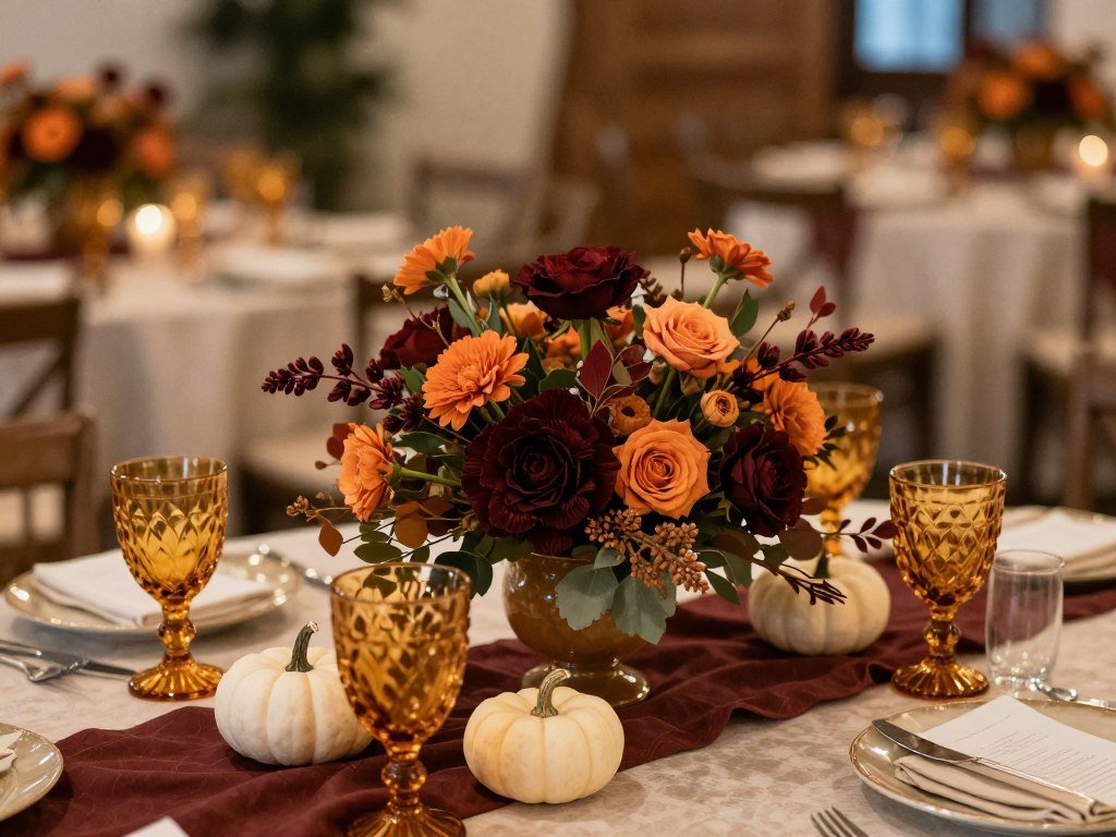 Fall wedding reception with burgundy and orange flowers, pumpkins, and amber glassware