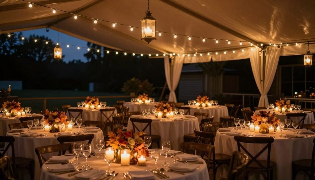 Fall wedding reception with warm ambient lighting from candles and string lights Fall wedding reception with warm ambient lighting from candles and string lights