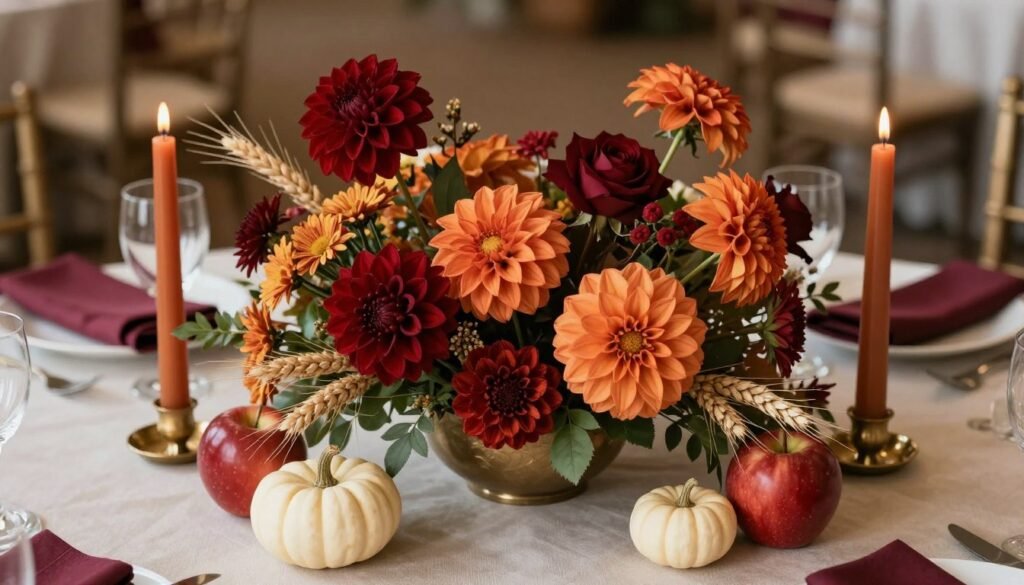 Fall wedding table decoration with pumpkins, autumn flowers, and wheat