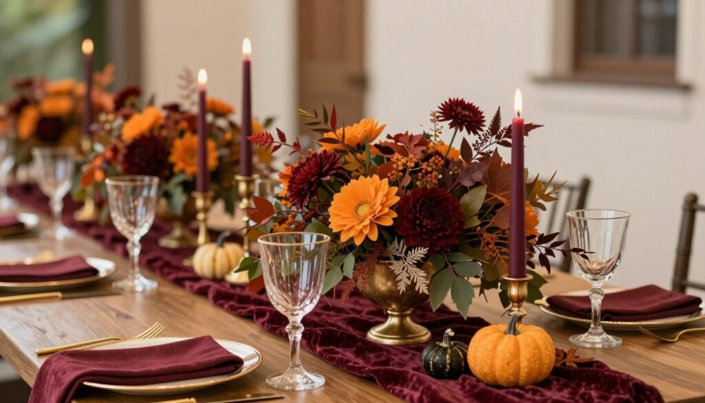 Fall wedding table with rich burgundy and orange floral centerpieces, gold accents, and candles