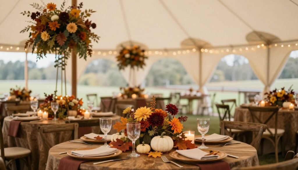 Fall wedding tent with warm autumn colors, pumpkins, and seasonal foliage