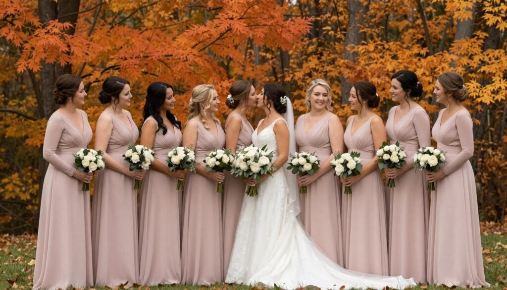 Fall wedding with blush pink bridesmaid dresses and autumn foliage