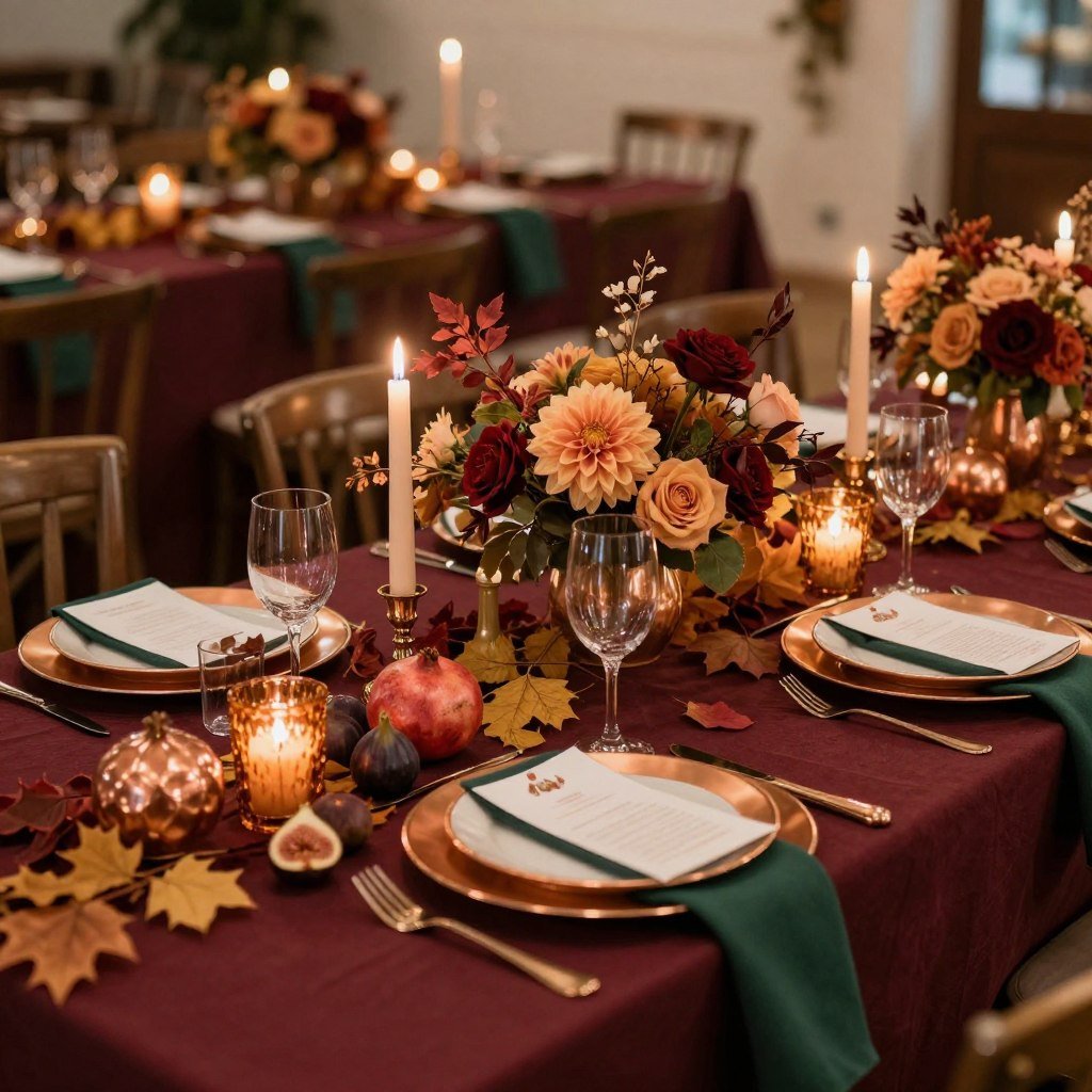 Fall wedding with rich burgundy, amber, and emerald decor with seasonal elements Fall wedding with rich burgundy, amber, and emerald decor with seasonal elements