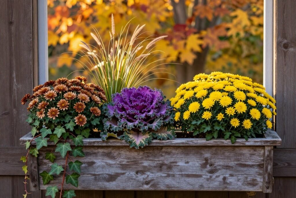 Fall window box with ornamental kale, mums, and ornamental grasses Fall window box with ornamental kale, mums, and ornamental grasses