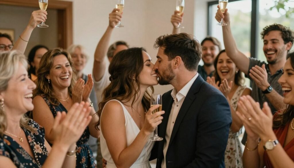 Family and friends celebrating proposal with couple