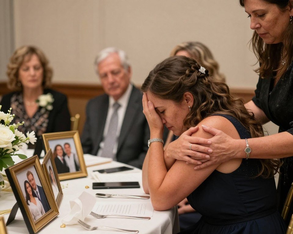Family members comforting each other at memorial table Family members comforting each other at memorial table