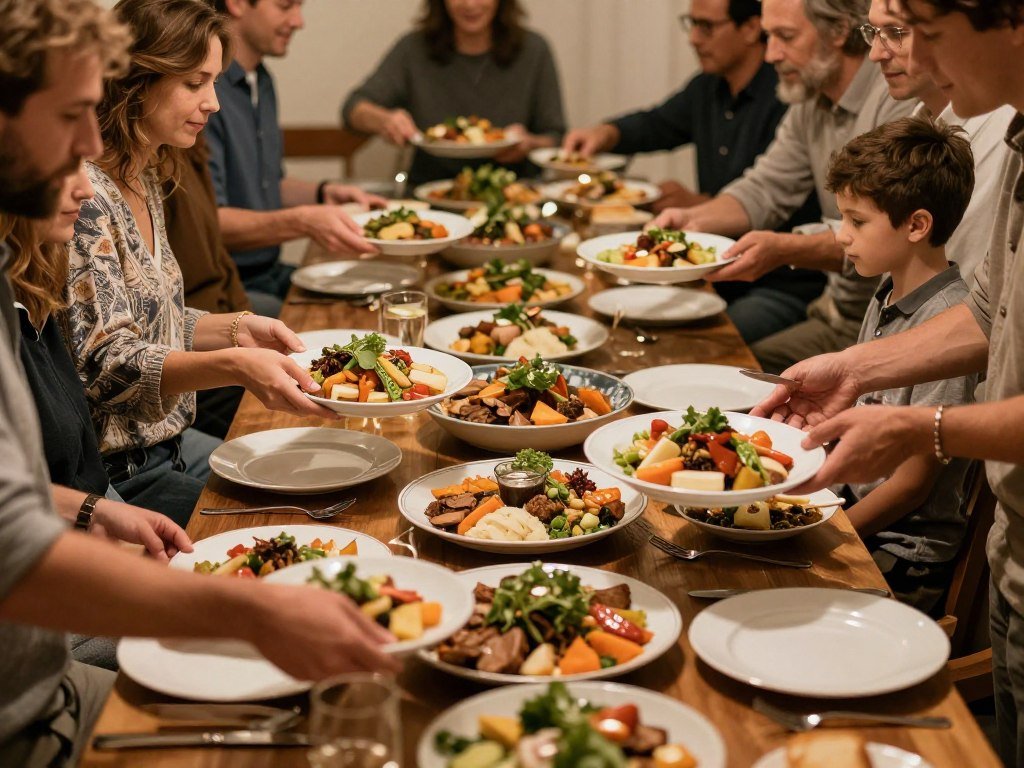Family-style food service at wedding table