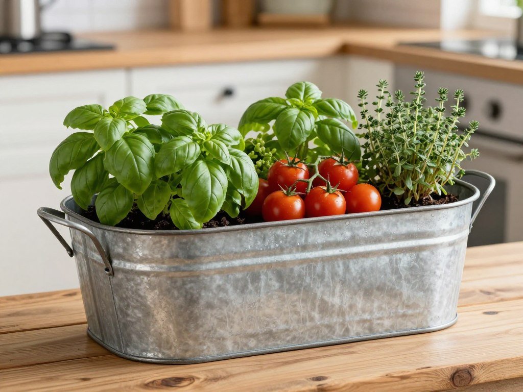 Farmhouse style galvanized tub planter with herbs and vegetables