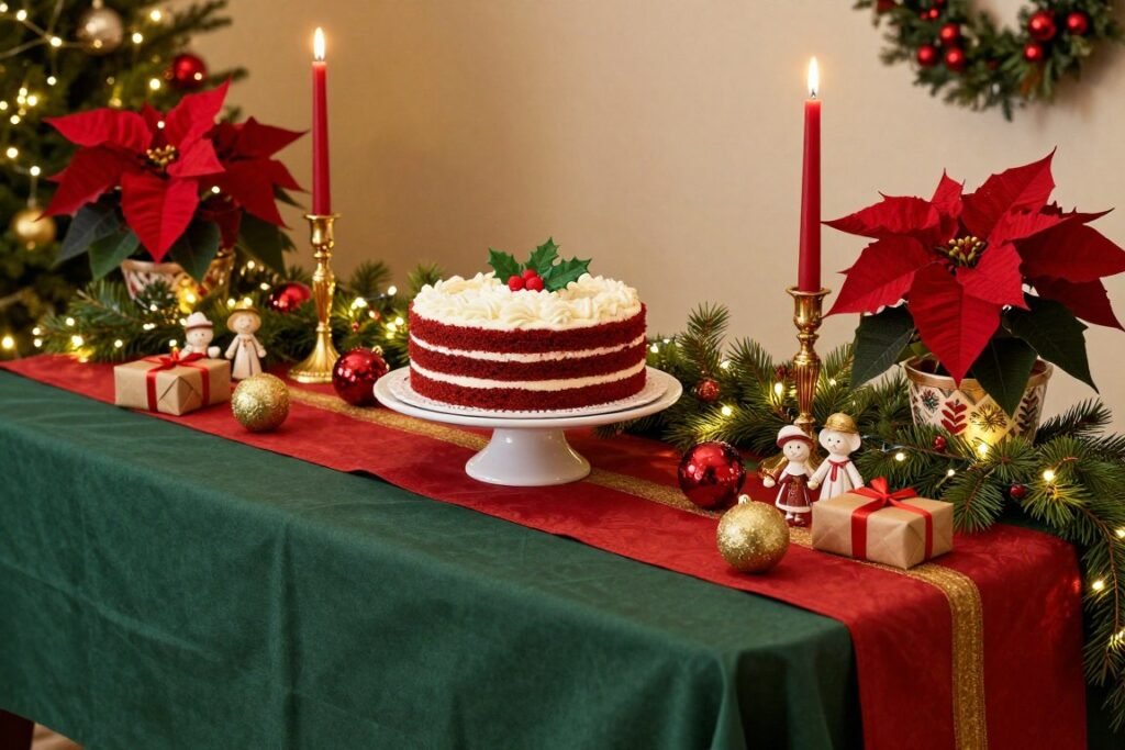 Festive holiday cake table with seasonal colors, traditional decorations, and warm ambient lighting
