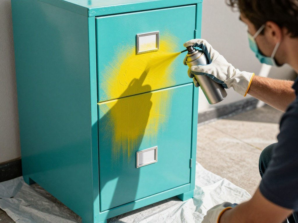 File cabinet being spray painted in a bright color outdoors