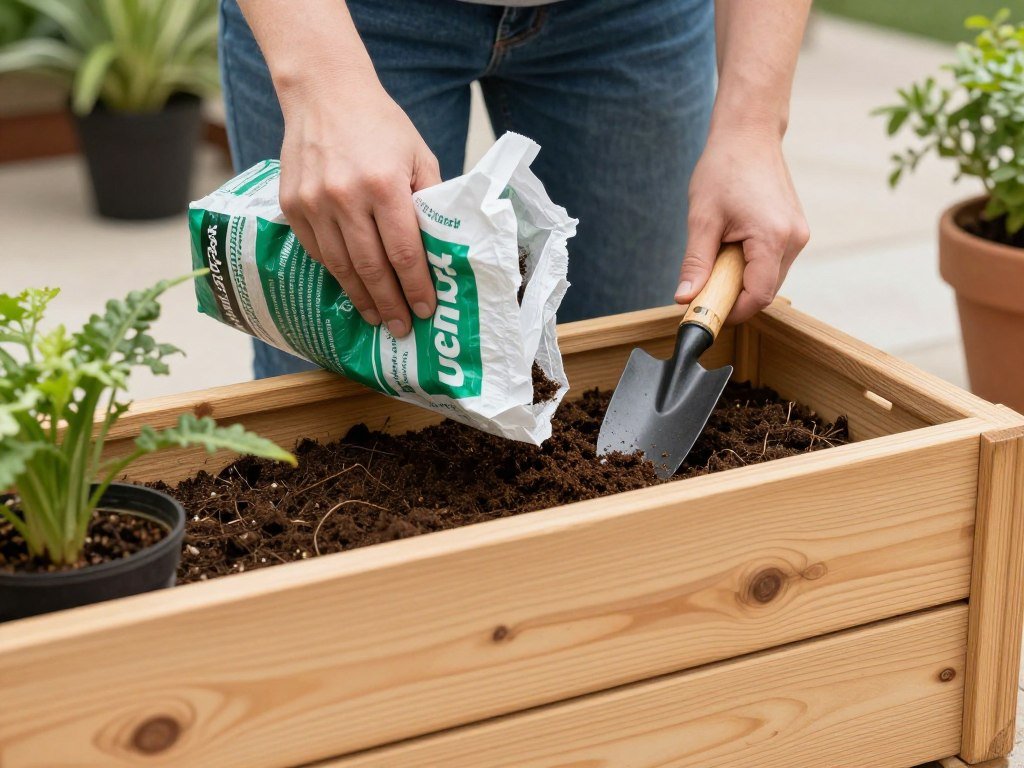 Filling a completed cedar planter with soil and plants Filling a completed cedar planter with soil and plants