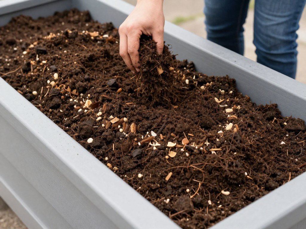 Filling a raised planter box with layers of quality soil mix