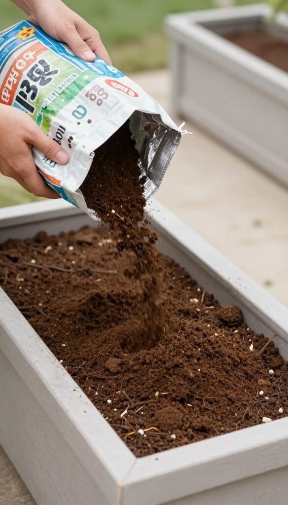 Filling the completed planter box with potting soil