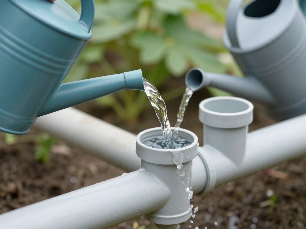 Filling the water reservoir of the completed DIY self watering planter through the PVC pipe