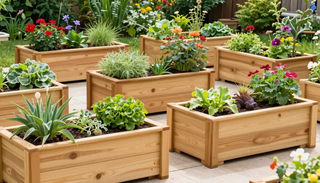 Final DIY planter boxes in a beautiful garden setting