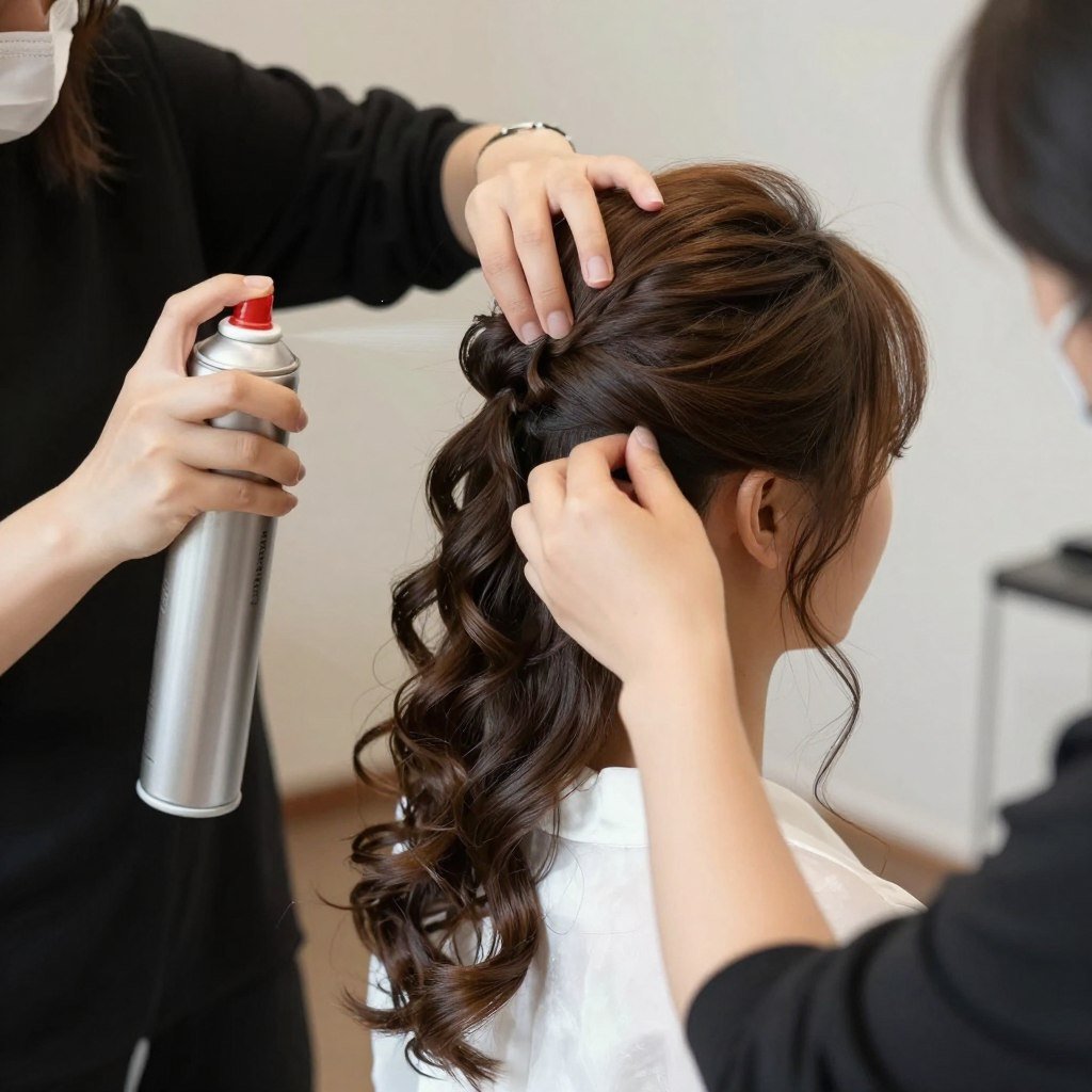 Final hairspray application to set bridesmaid wedding hairstyle all day