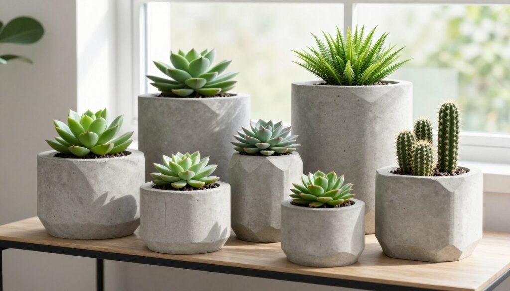 Finished DIY concrete planters arranged in a stylish home display