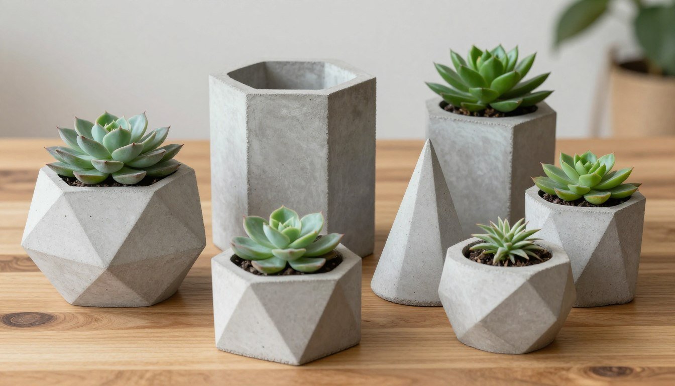 Finished DIY concrete planters of various sizes and shapes with plants