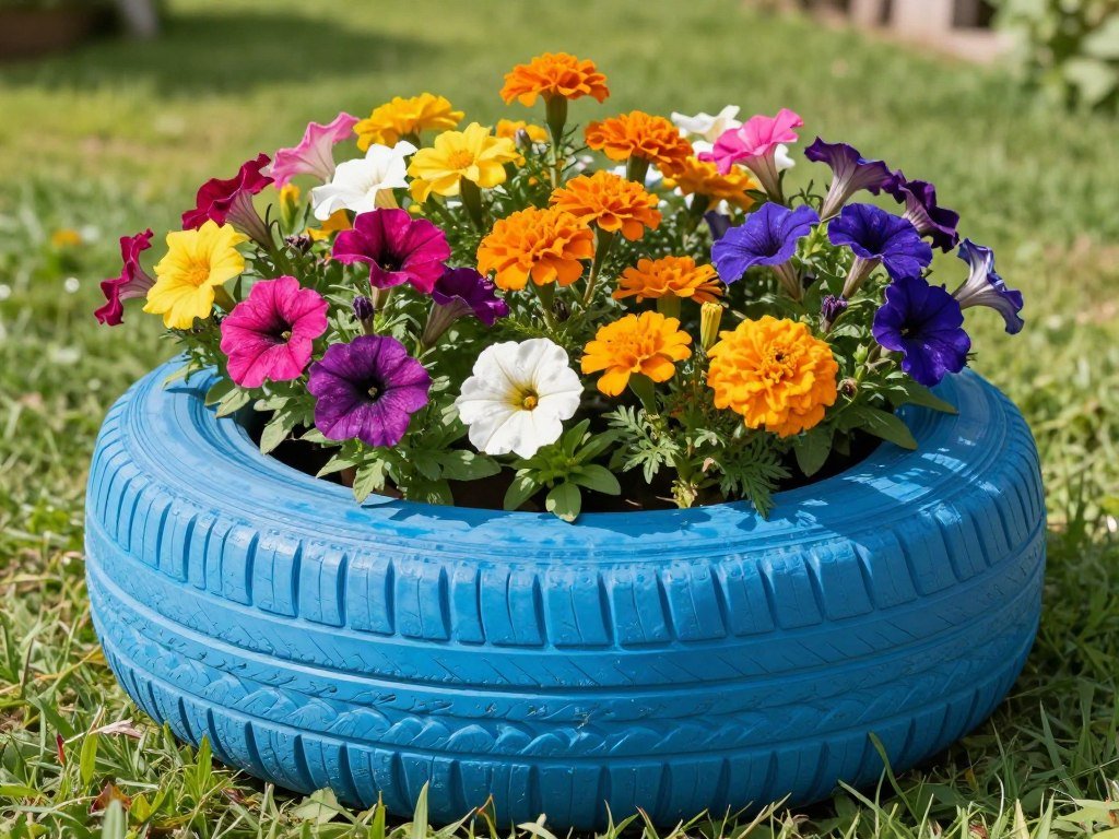 Finished basic painted tire planter filled with colorful flowers in a garden setting