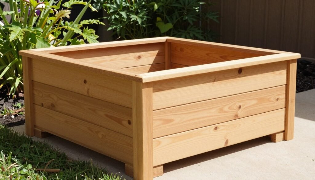 Finished cedar raised planter box being positioned in a garden