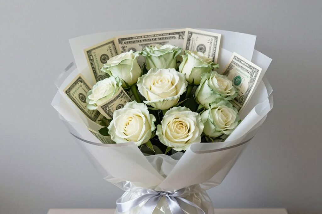 Finished classic money rose bouquet arrangement
