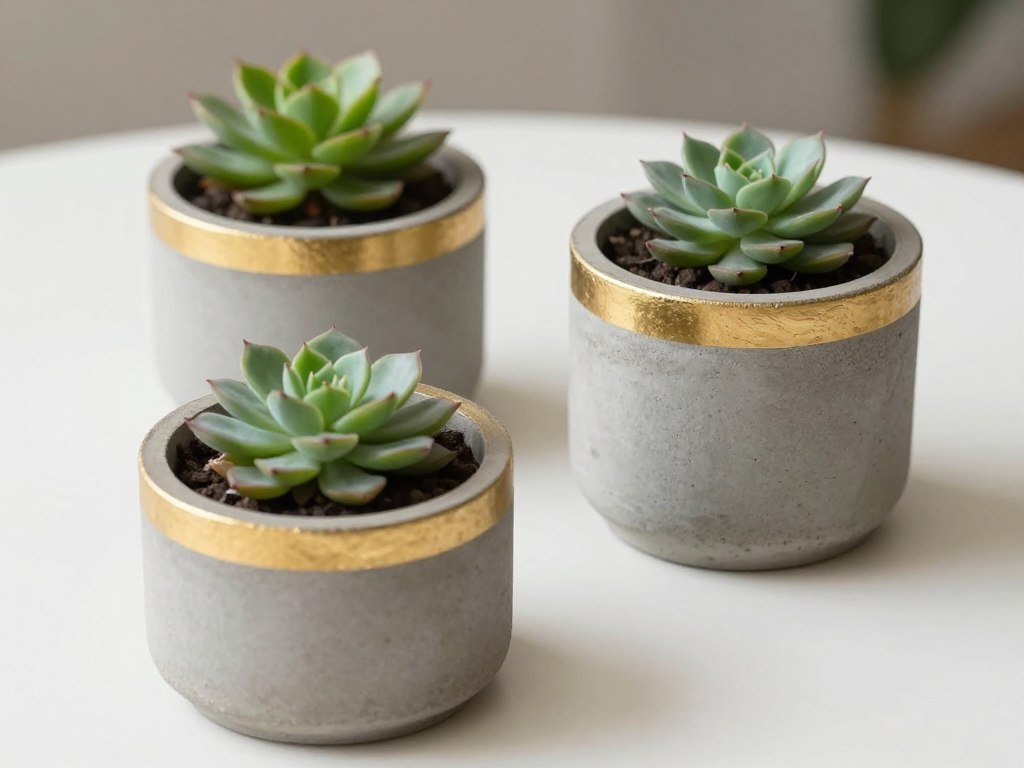 Finished modern concrete planters in various sizes with gold-painted rims holding succulents