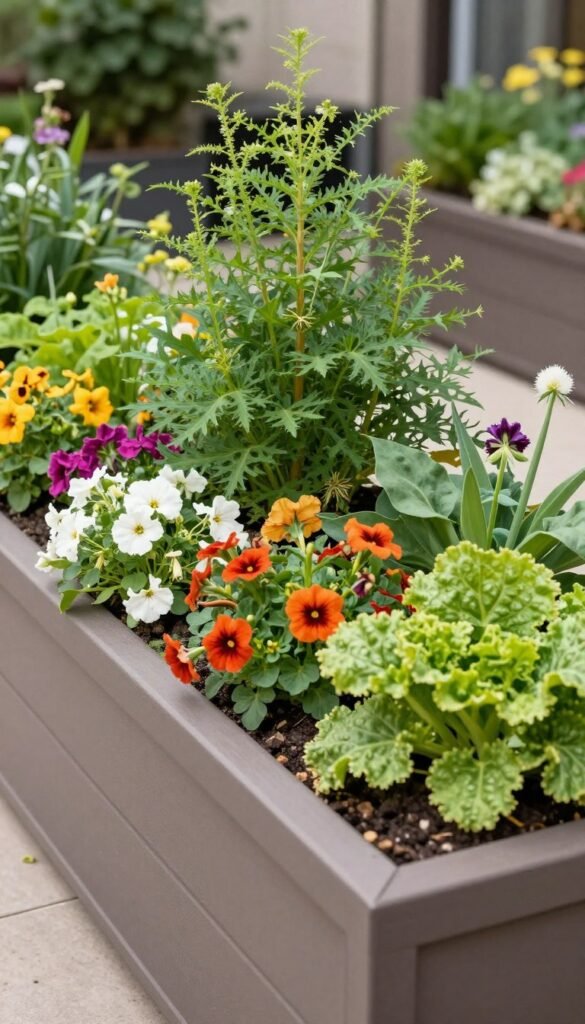 Finished planter box with thriving plants in a garden setting