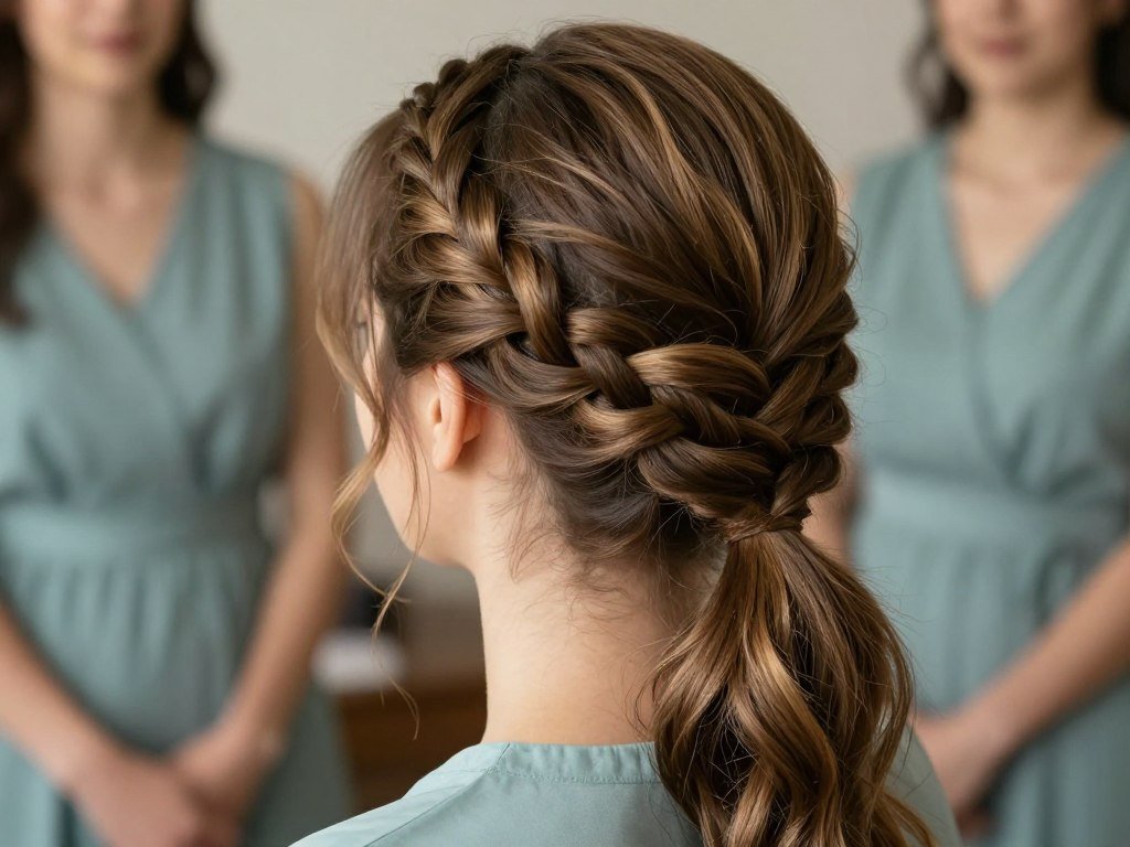 Fishtail braid bridesmaid hairstyle with intricate woven pattern Fishtail braid bridesmaid hairstyle with intricate woven pattern