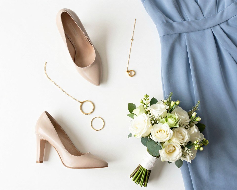 Flat lay of bridesmaid accessories including shoes, jewelry, and bouquet with blue dress