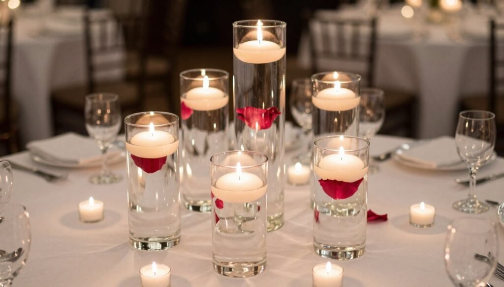 Floating candle centerpieces with flower petals in water for wedding table decoration