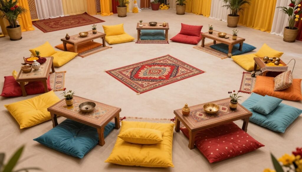 Floor cushion seating arrangement for haldi ceremony