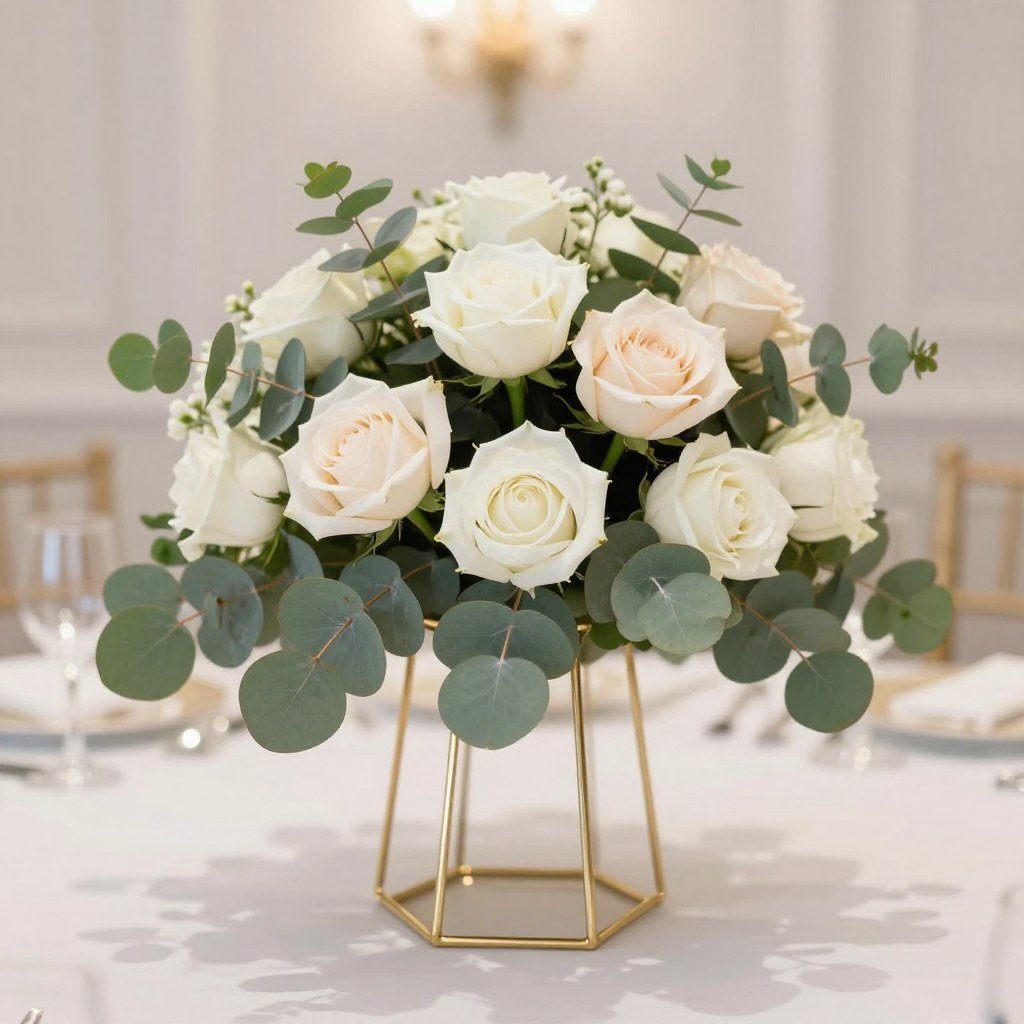 Floral centerpiece with roses and greenery in a gold geometric vase
