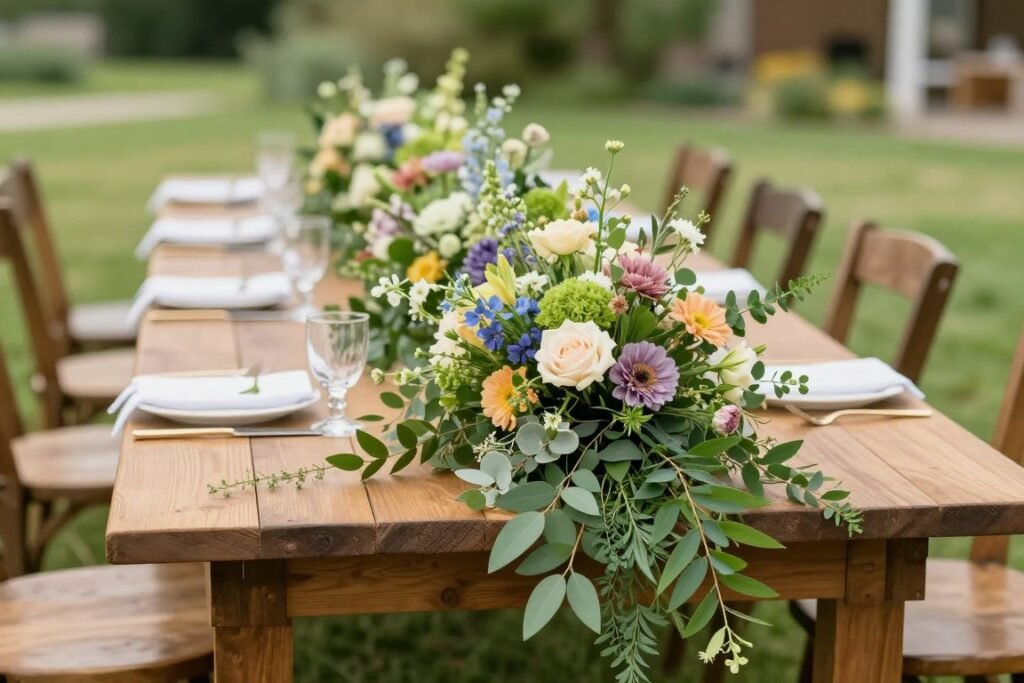 Floral table runners for backyard wedding reception
