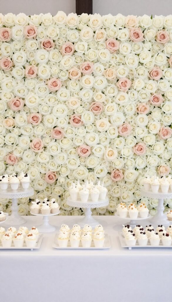 Floral wall backdrop behind dessert table