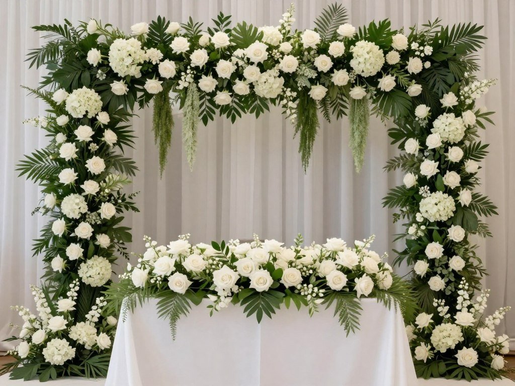 Floral wedding backdrop with white roses, hydrangeas, and greenery behind sweetheart table